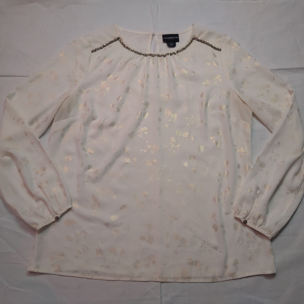 Liz Claiborne Blouse Women's Small White Sheer Cover Shirt Long Sleeve Crew Neck
